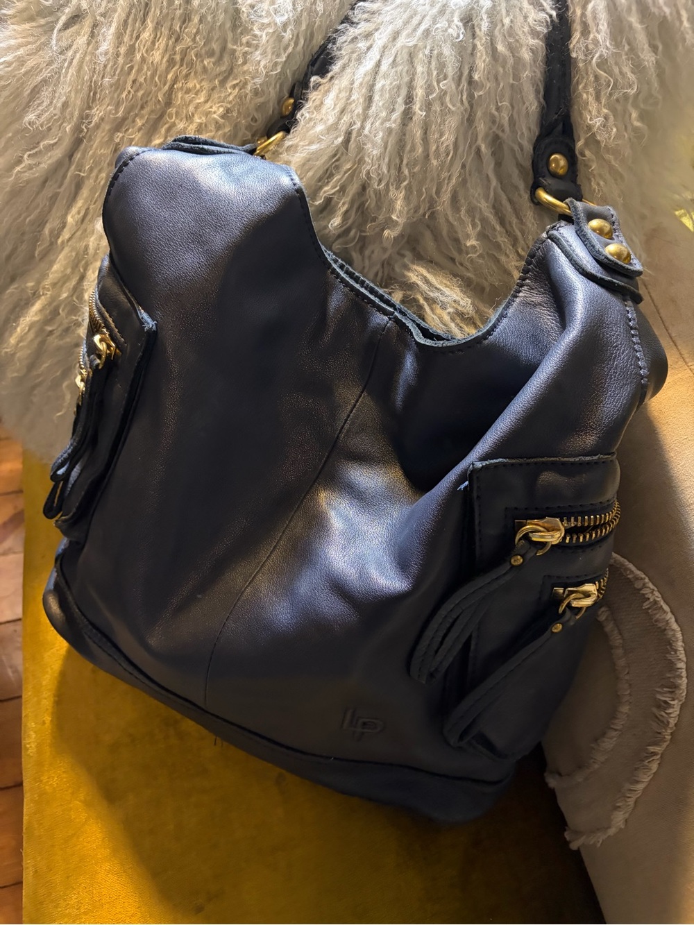 Linea Pelle Navy Blue Leather Hobo with Gold Hardware